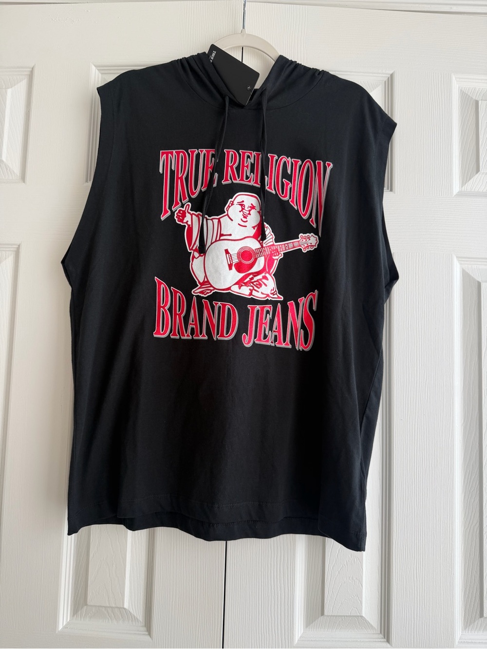 True Religion Black Sleeveless Hoodie Tank with Red & White Graphic